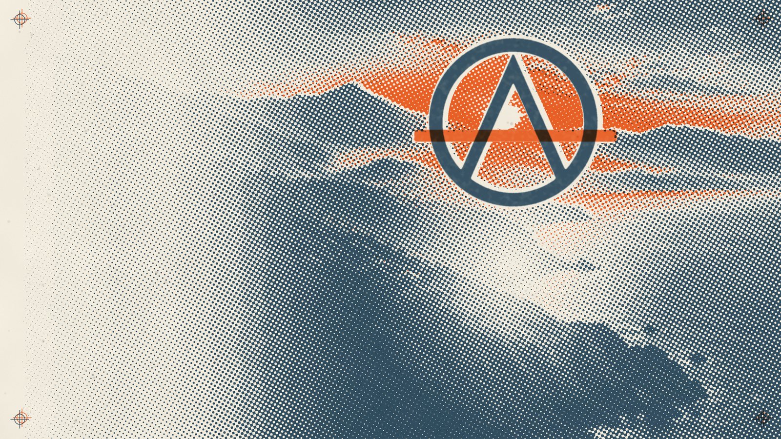 A halftone print of a coast at sunset in steel blue and orange, with the Anarchive circle-A set in the sun.